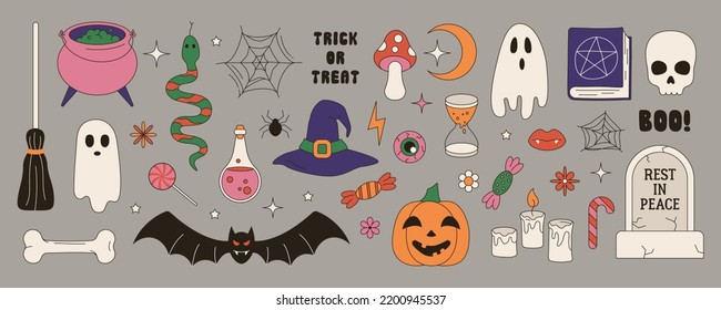 Set of groovy halloween element. Illustration in filled line style, retro 60's and 70's