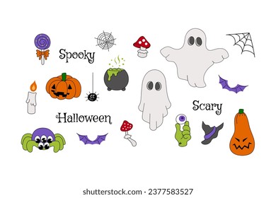 Set of groovy Halloween  ghost characters, pumpkin, zombie, spider objects. Hand drawn design print collection illustration in retro style for poster, postcard, banner, sticker. Vector