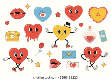 Set groovy heart character, valentine's day, vector 