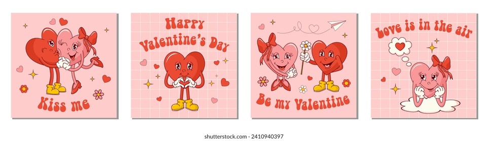 Set with groovy hearts cards for Valentine's Day. Happy Valentine's Day. Kiss me. Be my Valentine. Love is in air. Vector illustration for postcard, posters. Trendy retro 60s, 70s cartoon style.