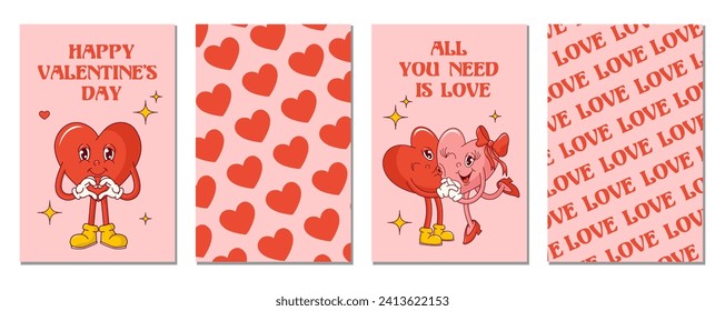 Set with groovy hearts cards for Valentine's Day. Trendy retro 60s 70s style.