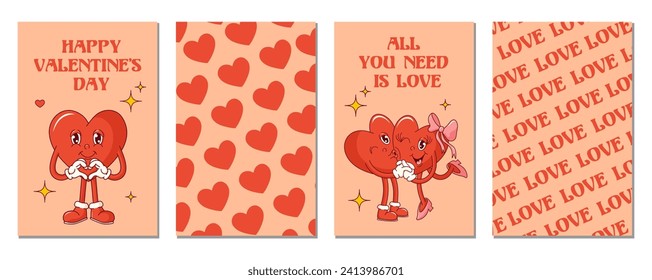 Set with groovy hearts cards for Valentine's Day. Trendy retro 60s, 70s style.