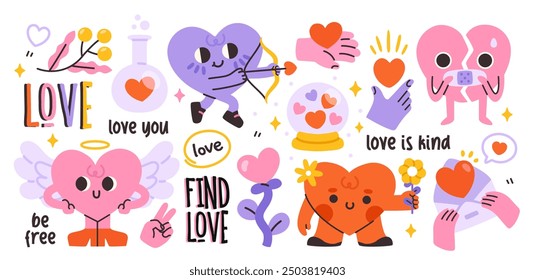 Conjunto de personajes de Groovy Hearts. Pegatinas de doodle Hipster para redes sociales con corazones lindos. Amor y romance. Elementos de diseño en estilo retro de moda. Ilustración vectorial plana aislada sobre fondo