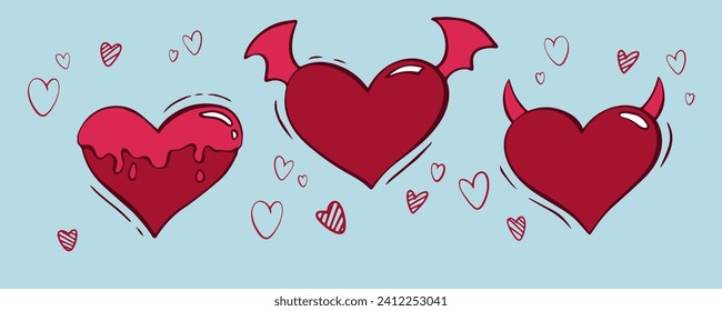 Set of groovy hearts in hippie love style for Valentine's Day. Comic heart character in retro 80s 70s trendy cartoon style. Retro  elements for print, wrapping paper, web sites, background and cards.