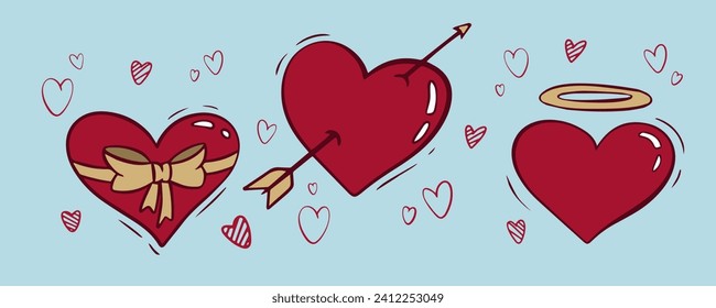 Set of groovy hearts in hippie love style for Valentine's Day. Comic heart character in retro 80s 70s trendy cartoon style. Retro  elements for print, wrapping paper, web sites, background and cards.