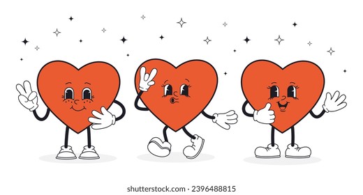 Set groovy hearts trendy retro cartoon style. Cute character for Valentine's day card, poster, print, party invitation, background.