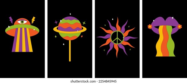 Set of groovy hipie vertical posters in 60s.70s stayle. Vector icons: sun,lips with rainbow,spaceship, planet. Vector
