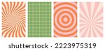 Set of groovy hippie 70s backgrounds. Y2k aesthetic waves, swirl, mesh, spiral ray, chess. Trendy vector texture in retro psychedelic style.