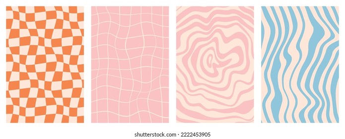 Set Of Groovy Hippie 70s Backgrounds. Y2k Aesthetic Waves, Swirl, Mesh, Spiral Ray, Chess. Trendy Vector Texture In Retro Psychedelic Style.