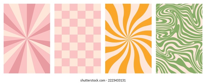 Set of groovy hippie 70s backgrounds. Y2k aesthetic waves, swirl, mesh, spiral ray, chess. Trendy vector texture in retro psychedelic style.