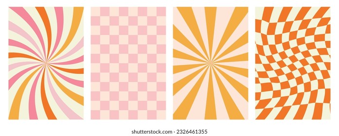 Set of groovy hippie 70s backgrounds. Y2k aesthetic waves, swirl, mesh, spiral ray, chess. Trendy vector texture in retro psychedelic style