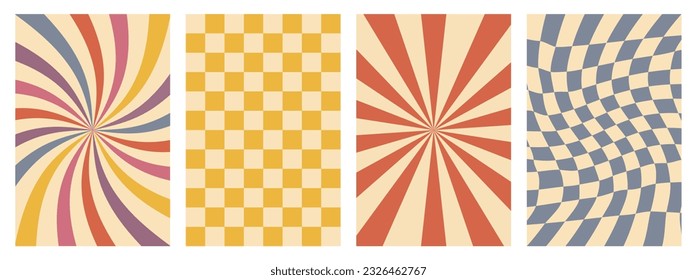 Set of groovy hippie 70s backgrounds. Y2k aesthetic waves, swirl, mesh, spiral ray, chess. Trendy vector texture in retro psychedelic style