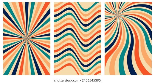 Set of groovy hippie 70s backgrounds. Abstract retro vector illustration.