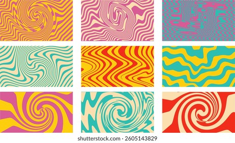 Set of Groovy hippie 70s backgrounds. Waves, swirl, twirl Twisted and distorted texture in trendy retro psychedelic style