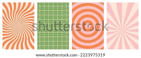 Set of groovy hippie 70s backgrounds. Y2k aesthetic waves, swirl, mesh, spiral ray, chess. Trendy vector texture in retro psychedelic style.