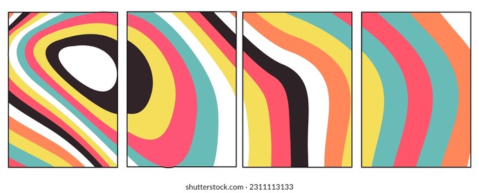 Set of groovy hippie 70s retro vintage wavy background. Vector illustration
