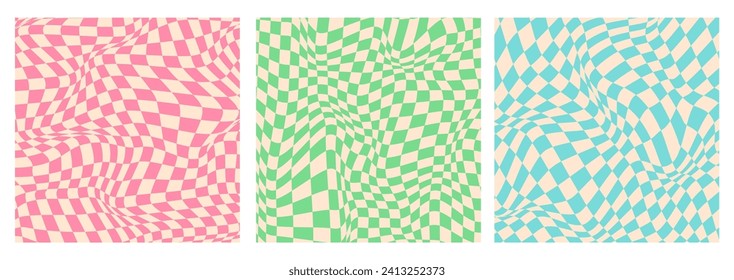 Set of groovy hippie 70s style backgrounds. Chessboard and twisted pattern. Vector psychedelic abstract grid fun wallpaper. Retro style design for print on textile, paper, social media or web design