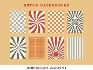 Set of groovy hippie autumn vibe 70s backgrounds. Y2k aesthetic waves, swirl, mesh, spiral ray, chess. Trendy vector texture in retro psychedelic style