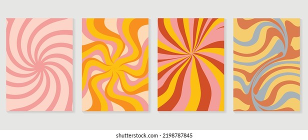 Set of groovy hippie background vector. Collection of retro trippy cover, wavy, spiral circle, swirl psychedelic wallpaper. 70s groovy hippie illustration design for cover, banner, 60s, 70s, hippy.