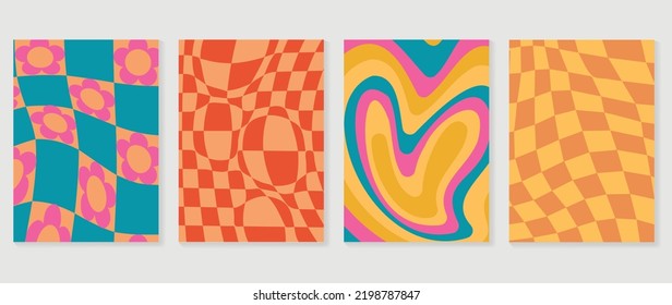 Set of groovy hippie background vector. Collection of retro trippy grid, flowers, spiral heart, swirl psychedelic wallpaper. 70s groovy hippie illustration design for cover, banner, 60s, 70s, hippy.
