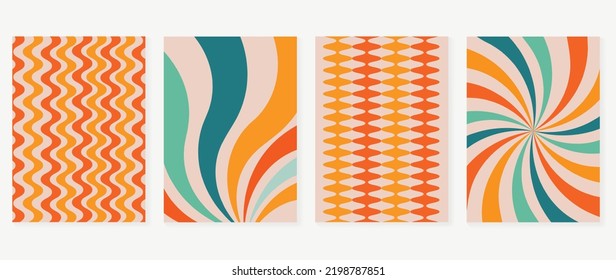 Set of groovy hippie background vector. Collection of retro trippy cover, spiral line, wavy, swirl psychedelic wallpaper. 70s groovy hippie illustration design for cover, banner, 60s, 70s, hippy.