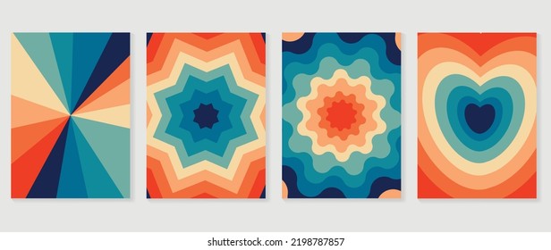 Set of groovy hippie background vector. Collection of retro trippy cover, wavy, heart, shapes, swirl psychedelic wallpaper. 70s groovy hippie illustration design for cover, banner, 60s, 70s, hippy.