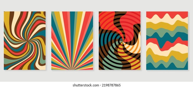 Set of groovy hippie background vector. Collection of retro trippy cover, spiral line, wavy, swirl psychedelic wallpaper. 70s groovy hippie illustration design for cover, banner, 60s, 70s, hippy.