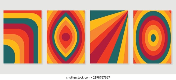 Set of groovy hippie background vector. Collection of retro trippy cover, lines, shapes, swirl psychedelic wallpaper. 70s groovy hippie illustration design for cover, banner, 60s, 70s, hippy.