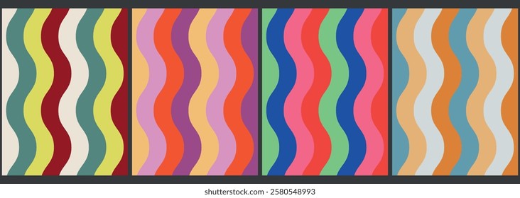 Set of groovy hippie background vector. Retro trippy wavy and curvy psychedelic illustration wallpapers design. suitable for 70s, 60s theme cover, banner and poster. Pink, blue, red, green, purple. 
