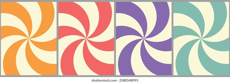 Set of groovy hippie background vector. Retro trippy wavy and curvy psychedelic illustration wallpapers design. suitable for 70s, 60s theme cover, banner and poster. Orange, blue, red, purple. 