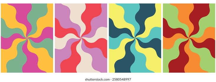 Set of groovy hippie background vector. Retro trippy wavy and curvy psychedelic illustration wallpapers design. suitable for 70s, 60s theme cover, banner and poster. Pink, blue, red, green, purple. 