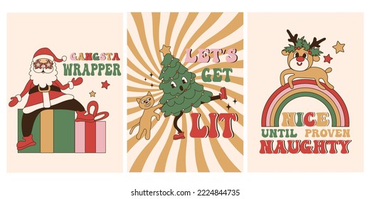 Set of groovy hippie Christmas cards with funny sayings phrases short. Santa, gifts, Christmas tree, deer.	

