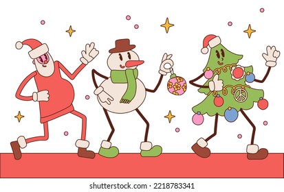 Set of Groovy hippie Christmas mascots - Santa Claus, Christmas tree, snowman in trendy retro cartoon style. Groovy pack of comic characters. Vector hand drawn illustration.