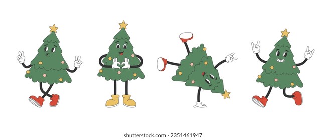 Set of Groovy hippie Christmas tree characters. Cartoon mascot characters in trendy retro style for Christmas festive design. Isolated vector illustration