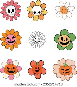 Set of Groovy Hippie Flower Halloween. Scary flower, skull flower, Jack-o'-lantern pumpkin flower.