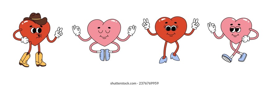Set of groovy hippie heart characters. Cartoon characters in trendy retro style for Valentines day design. Love concept. Isolated vector illustration