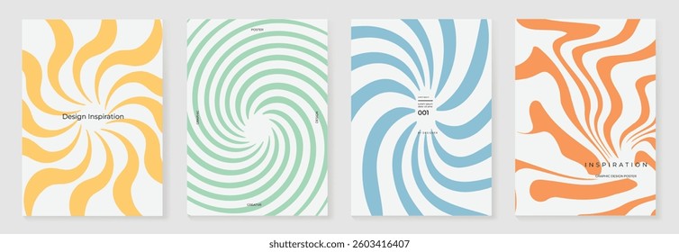 Set of groovy hippie poster background vector. Collection of retro trippy grid, swirl psychedelic wallpaper. 70s groovy hippie illustration design for cover, banner, ads.