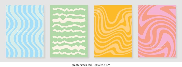 Set of groovy hippie poster background vector. Collection of retro trippy grid, swirl psychedelic wallpaper. 70s groovy hippie illustration design for cover, banner, ads.