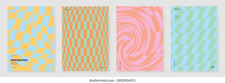 Set of groovy hippie poster background vector. Collection of retro trippy grid, swirl psychedelic wallpaper. 70s groovy hippie illustration design for cover, banner, ads.