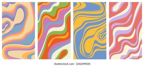 Set of groovy hippie posters in 60s,70s staly. Trendy abstract vertical retro backgrounds with waves.Twisted and distorted vector texture in trendy retro psychedelic style