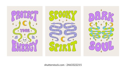 Conjunto de afiches hippies geniales con serpientes y citas místicas. Espíritu espeluznante, protege tu energía y las frases de letras oscuras del alma. ilustración de contorno de Vector