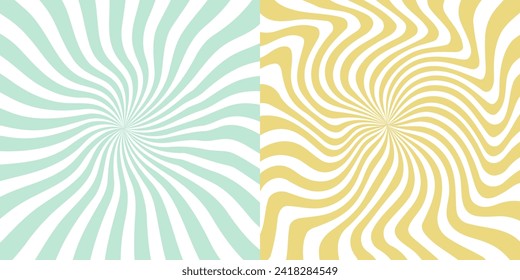 Set of groovy hippie posters. Trippy spiral wavy lines background. Psychedelic sunburst radial burst wallpaper. 