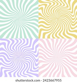 Set of groovy hippie posters. Trippy spiral wavy lines background. Psychedelic sunburst radial burst wallpaper. 