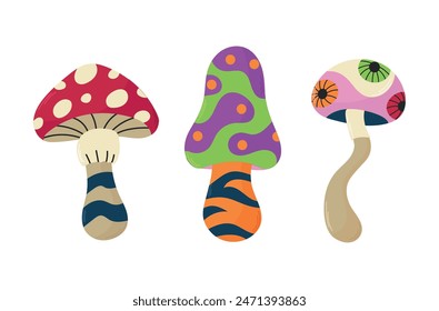 Set of groovy hippie psychedelic mushrooms fungus in 60s 70s style. Vibrant groovy and funky fungus. Vintage retro collection. 