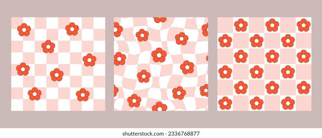 Set of groovy hippie seamless patterns. Red outline flowers on chessboard background in trendy retro style. Vector illustration