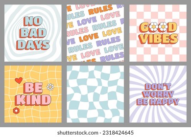 Set of groovy hippie sqaure posters. Texts with distorted and twisted checkerboard, chessboard texture in trendy retro style. Vector illustration