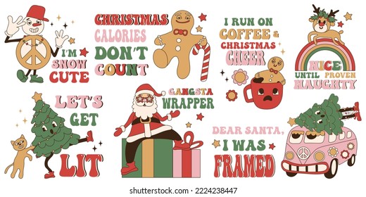 Set of groovy hippie stickers with funny christmas sayings and happy new year. 