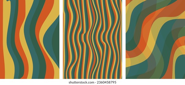 Set of Groovy Hippie Twirl backgrounds. Waves, Swirl, Curvy pattern with line. Twisted and distorted vector texture in Trendy Retro Psychedelic style. Y2k Rainbow  Vector aesthetic. 