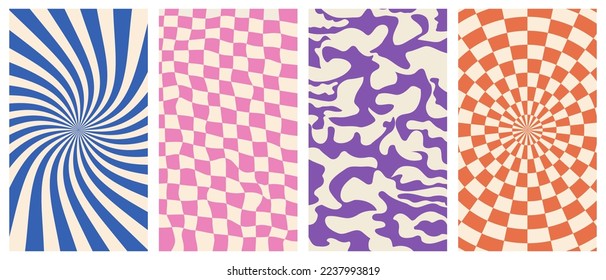 Set of groovy hippie vector posters.Twisted and distorted vector texture in trendy retro psychedelic style.Chessboard and twisted patterns.