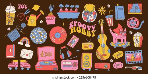 Set of groovy hobby objects. Hippie retro elements. Collection of cute 80s, 90s nostalgia stickers. Vintage cinema, music, bookks, gardening, skating, film objects. Trendy oldschool graphic vector